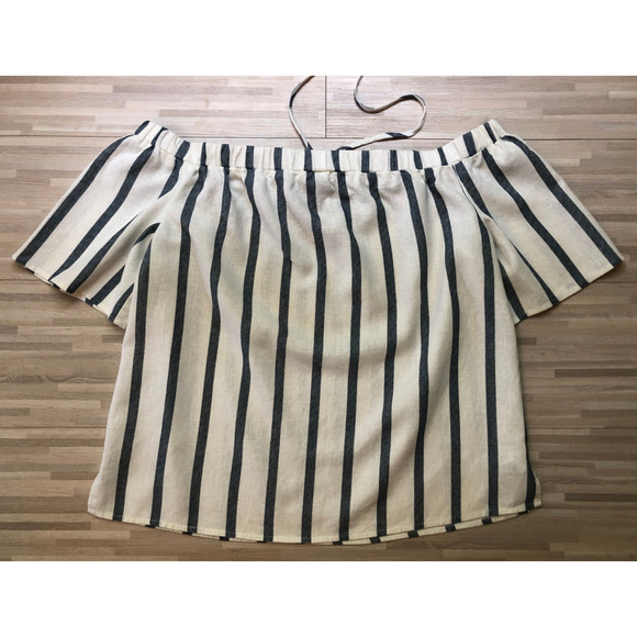 Vince Camuto, Striped Off The Shoulder Halter Top, Linen Blend, Women's X Small - Picture 2 of 5